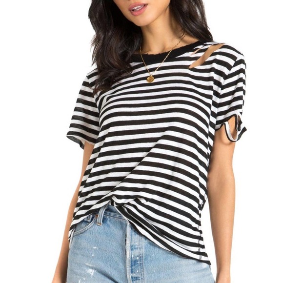 N:PHILANTHROPY Women's Black/White Striped Distressed Wash Out Atlas Tee sz XS - Picture 2 of 14